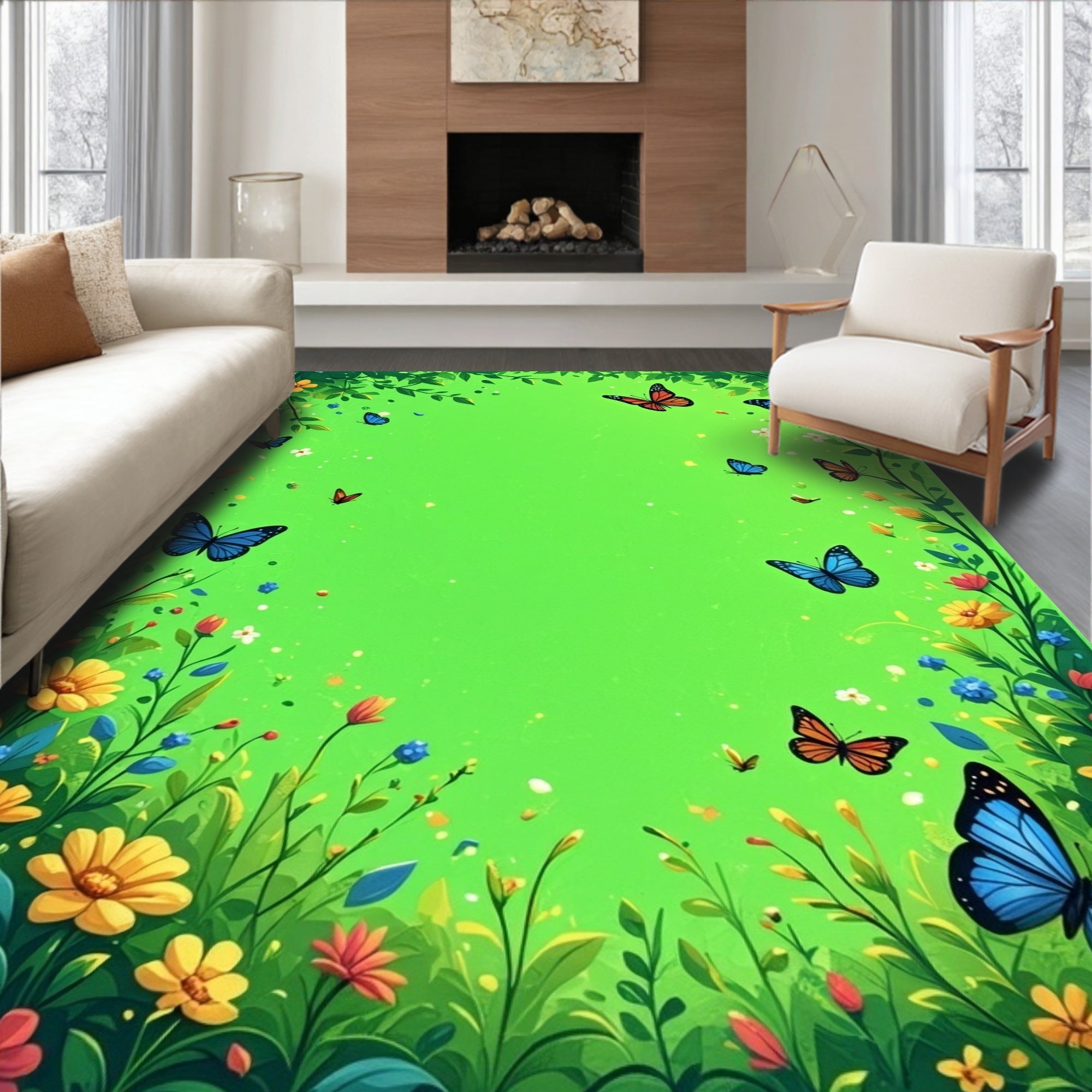 Vibrant Butterflies Floral Garden Design Rug