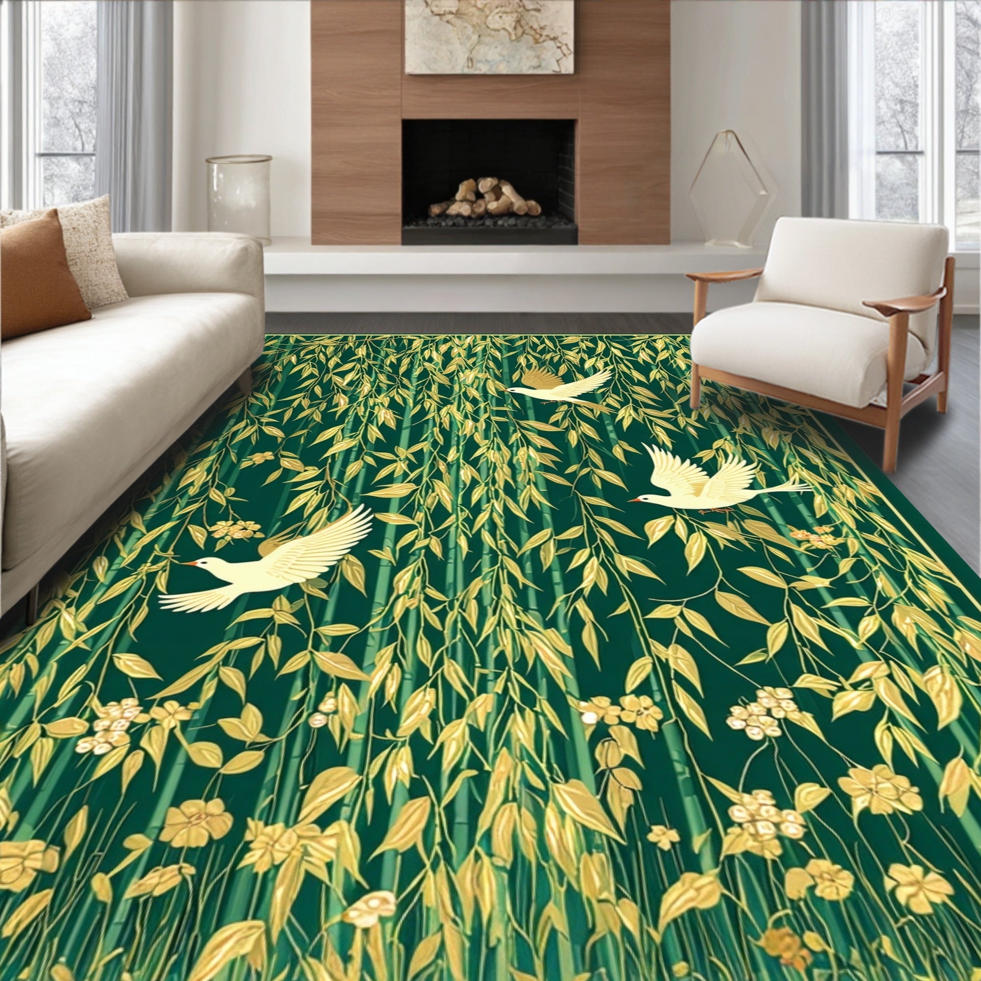 Golden Birds Amidst Bamboo Leaves Rug