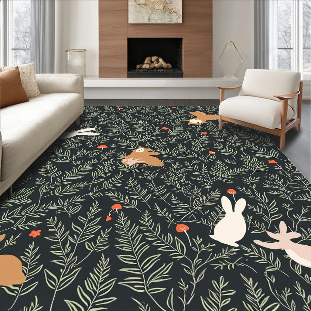 Forest Creatures Foliage Whimsical Pattern Rug