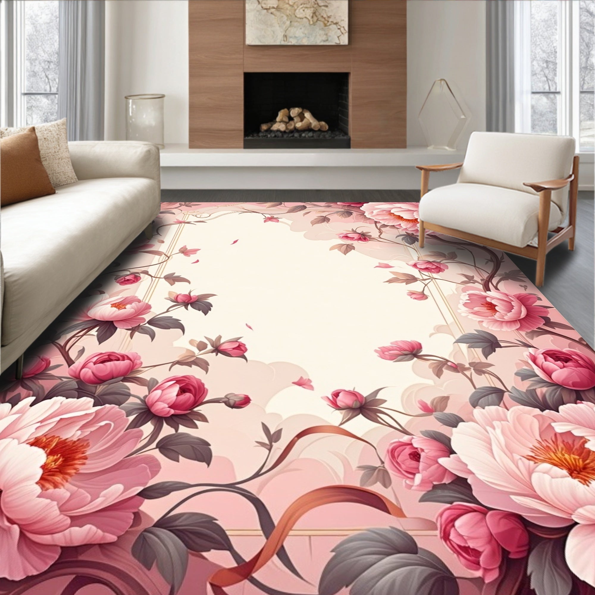 Floral Vines Pink Peonies Design Rug