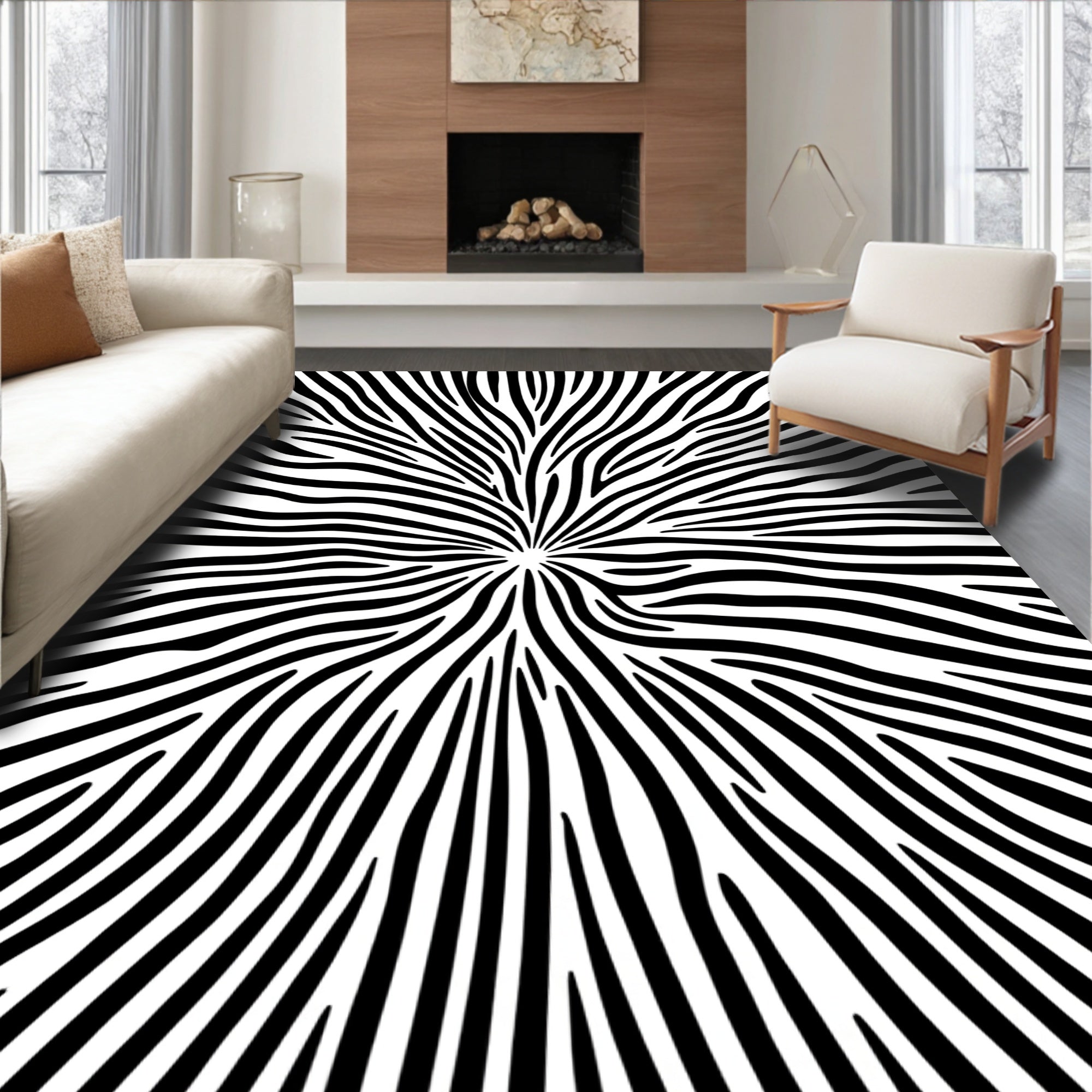 Bold Black White Abstract Lines Rug