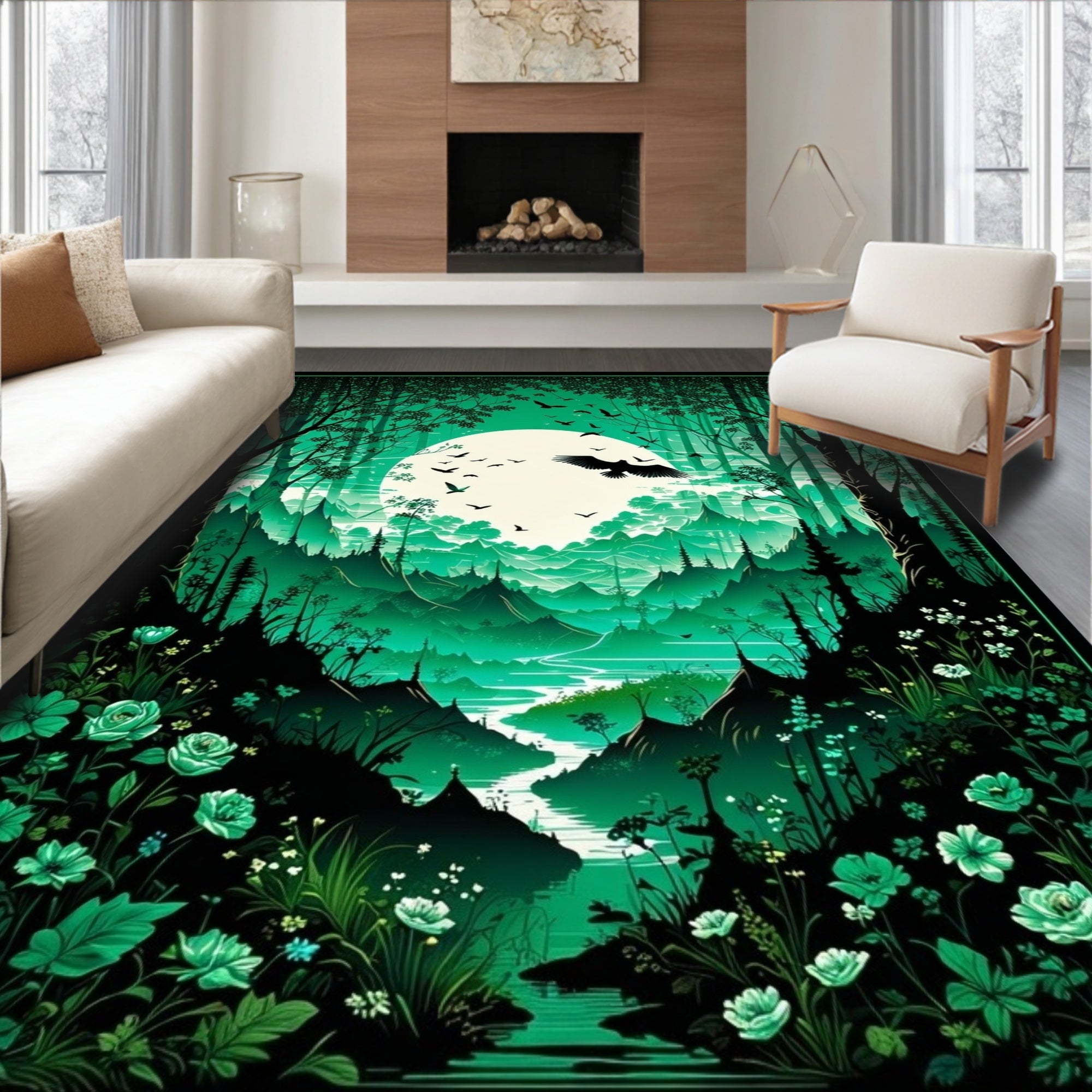 Emerald Forest Moonlit Bird Flock Design Rug