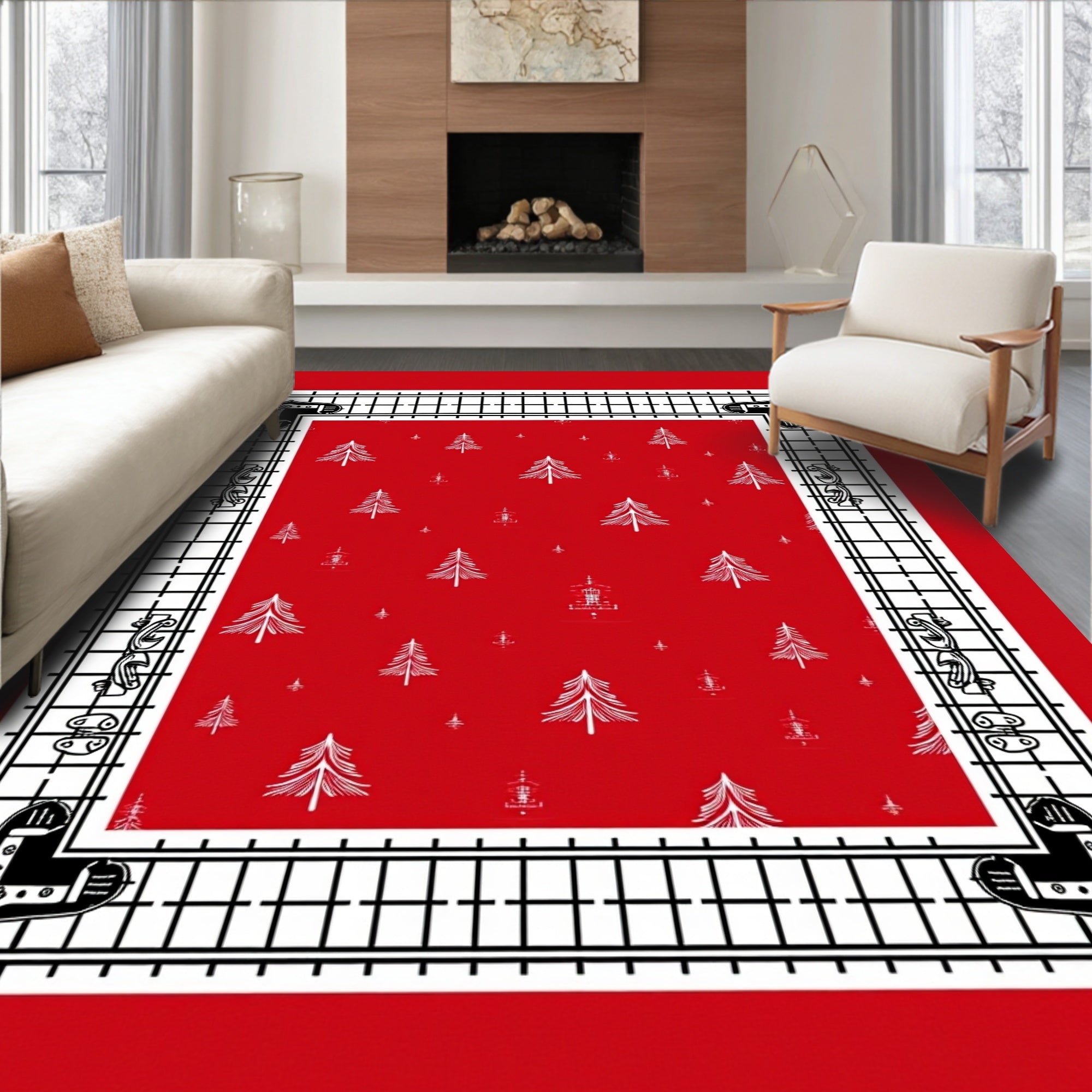 Crimson White Christmas Tree Border Rug