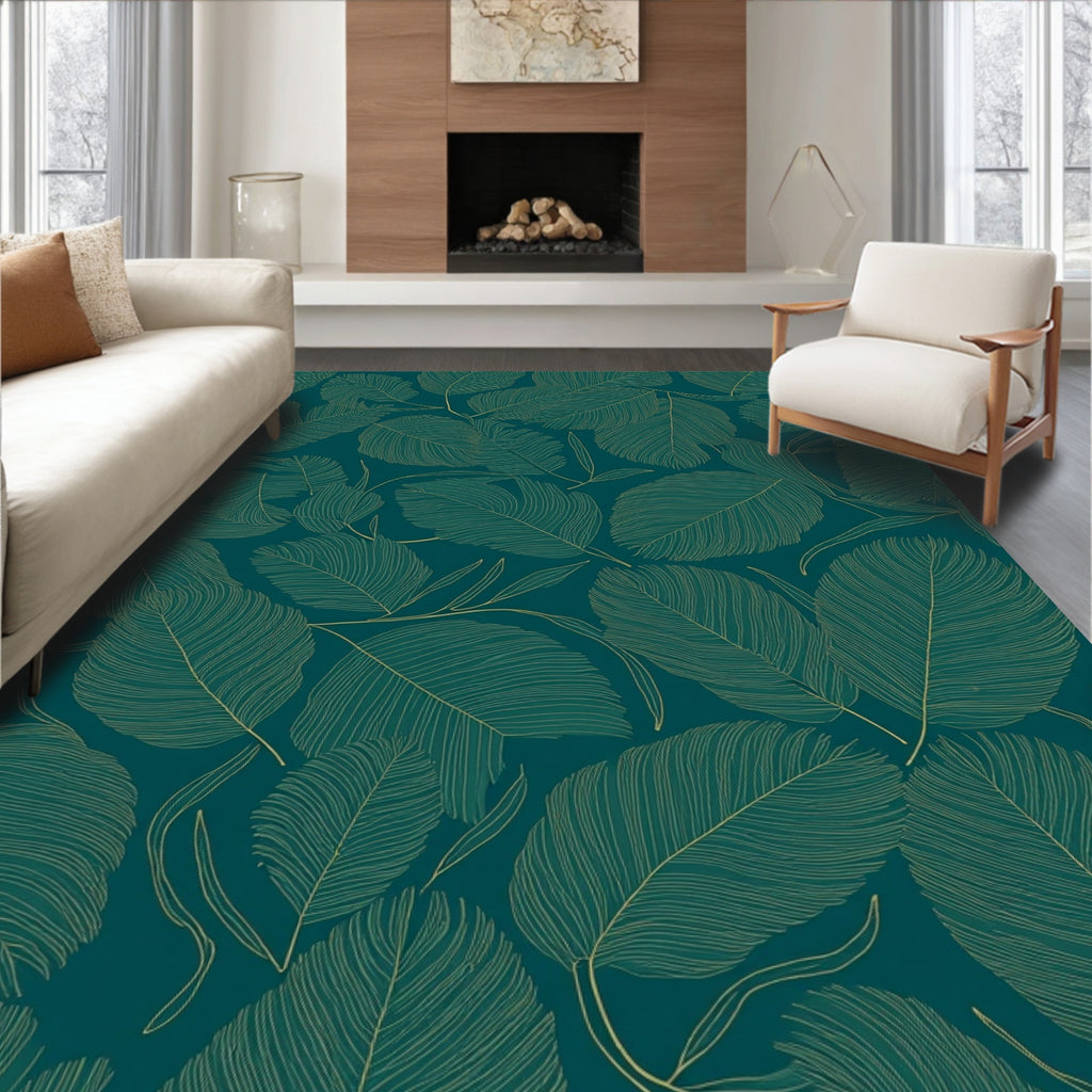 Gold Feather Patterned Deep Teal Rug