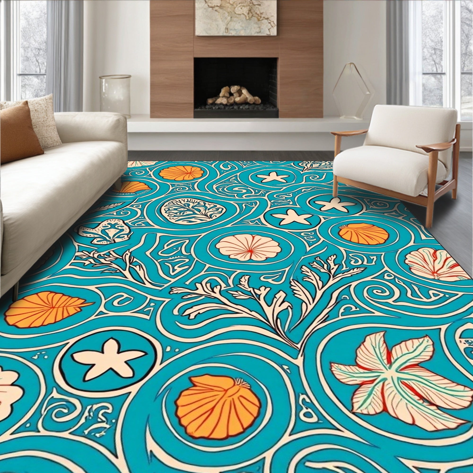 Aqua Marine Life Swirl Pattern Rug