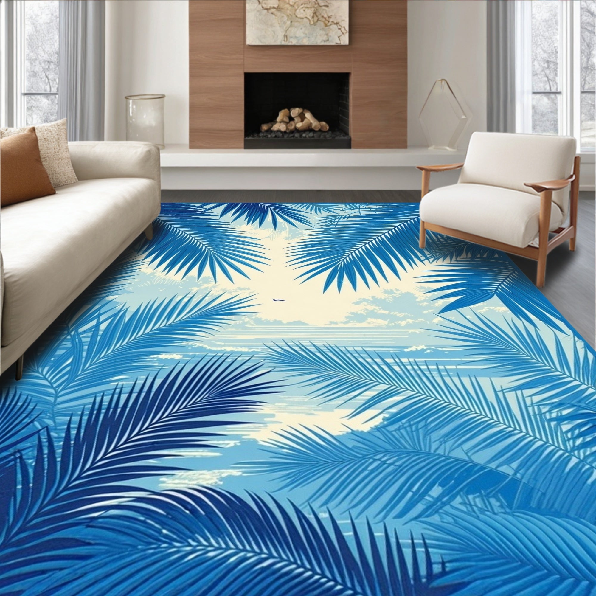 Vibrant Blue Tropical Leaf Landscape Rug