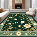Elegant Emerald Floral Butterfly Design Rug