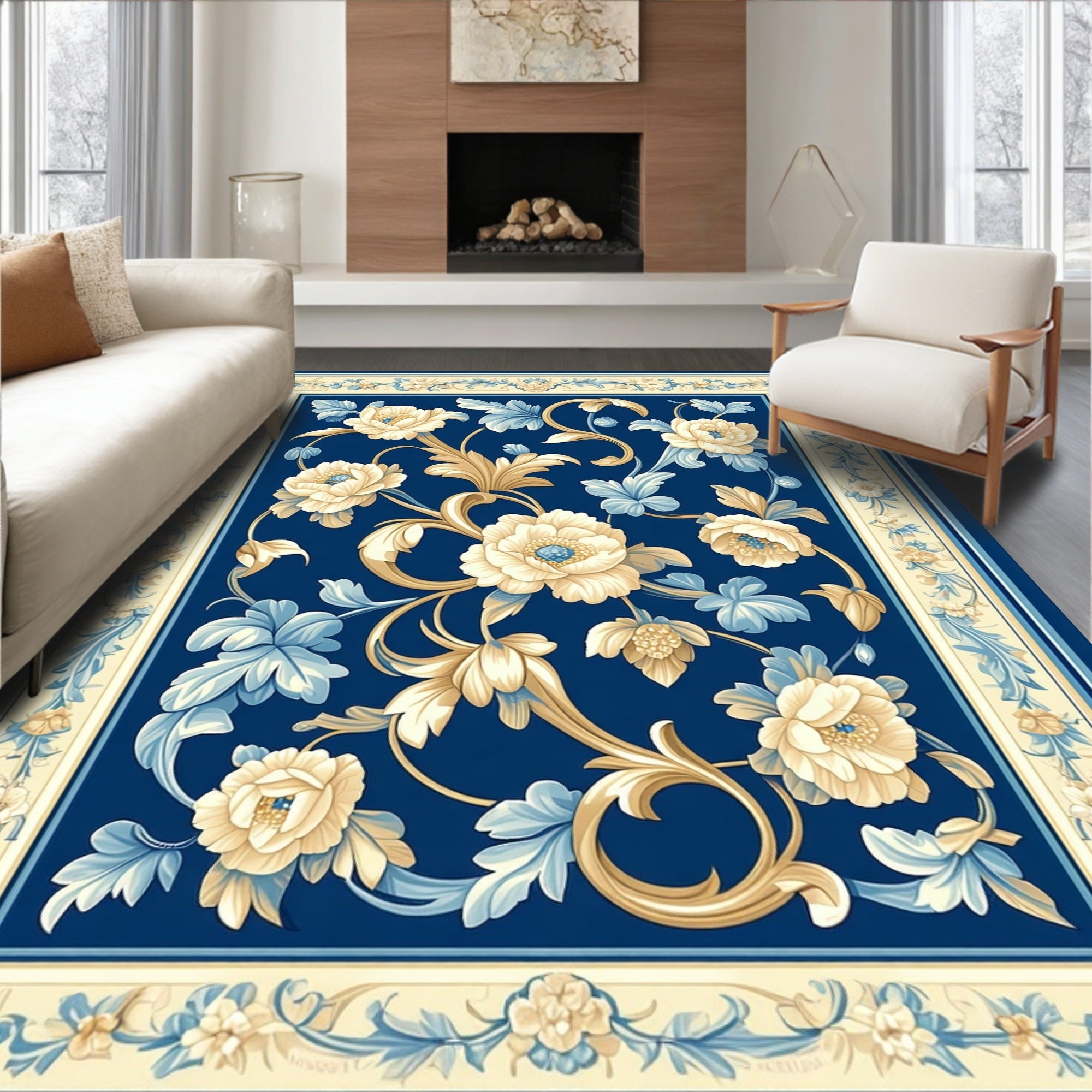 Elegant Blue Floral Vine Pattern Oriental Rug