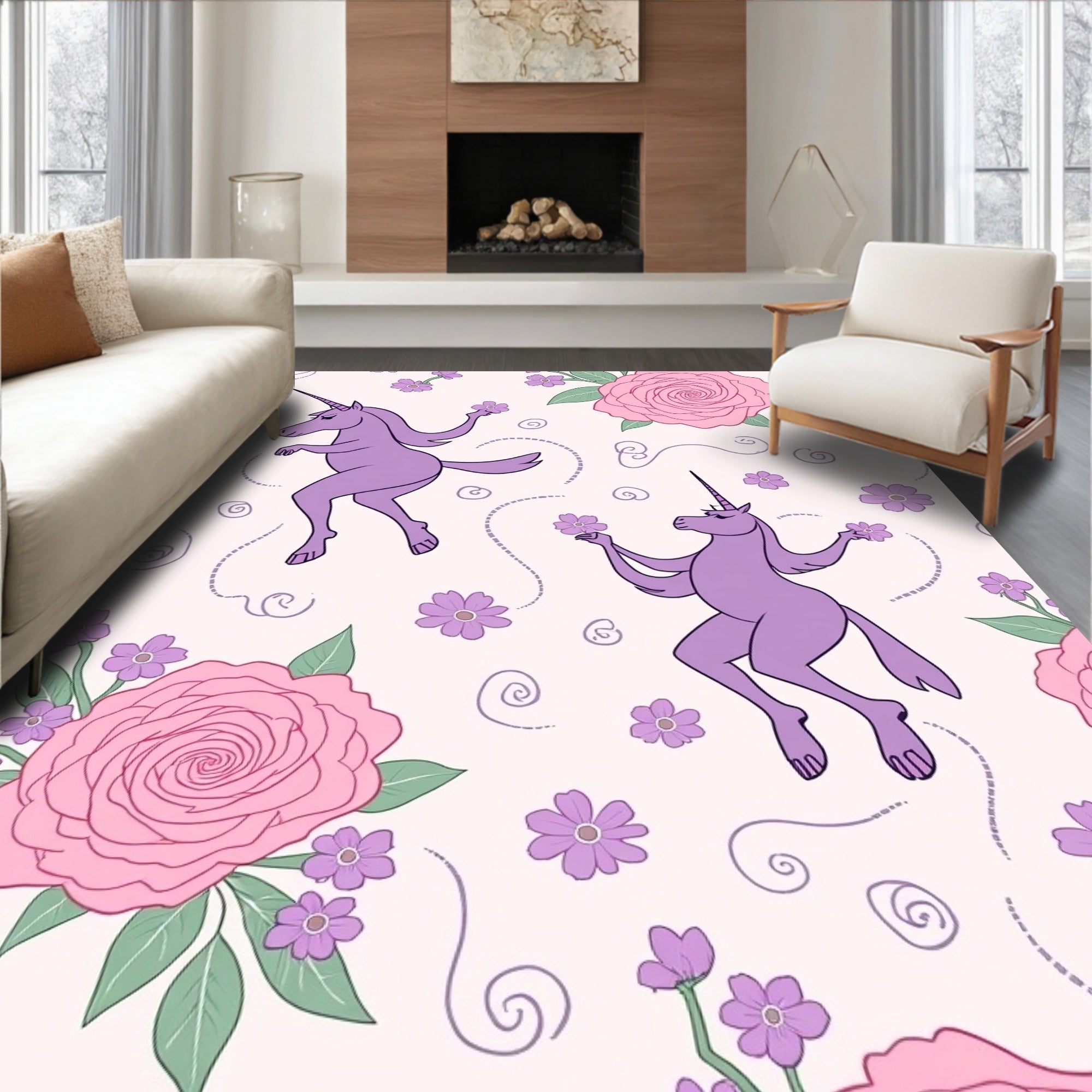 Whimsical Unicorn Floral Pattern Rug