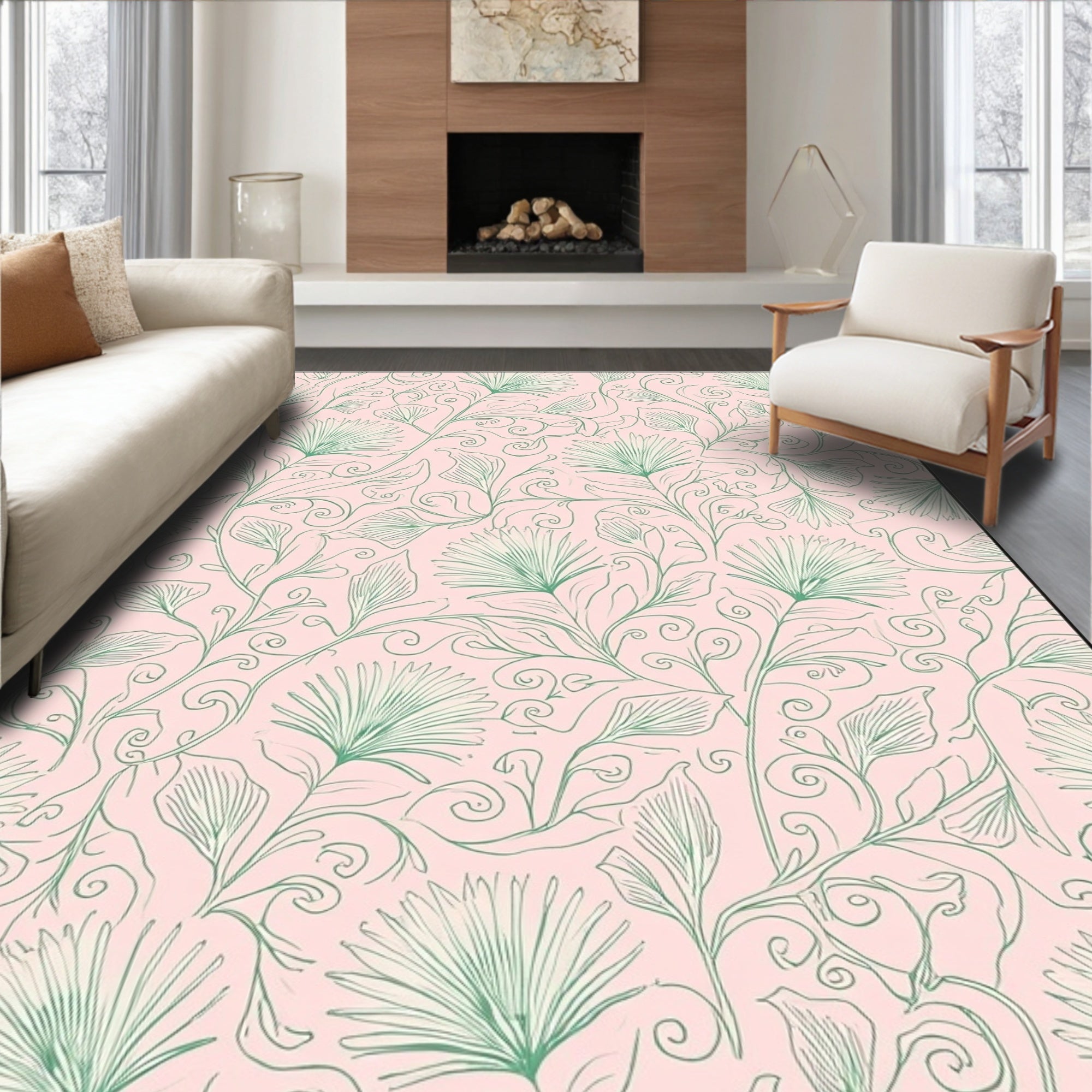 Soft Pink Floral Vine Pattern Rug