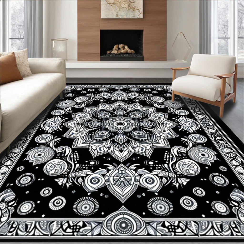 Intricate Black And White Mandala Pattern Rug