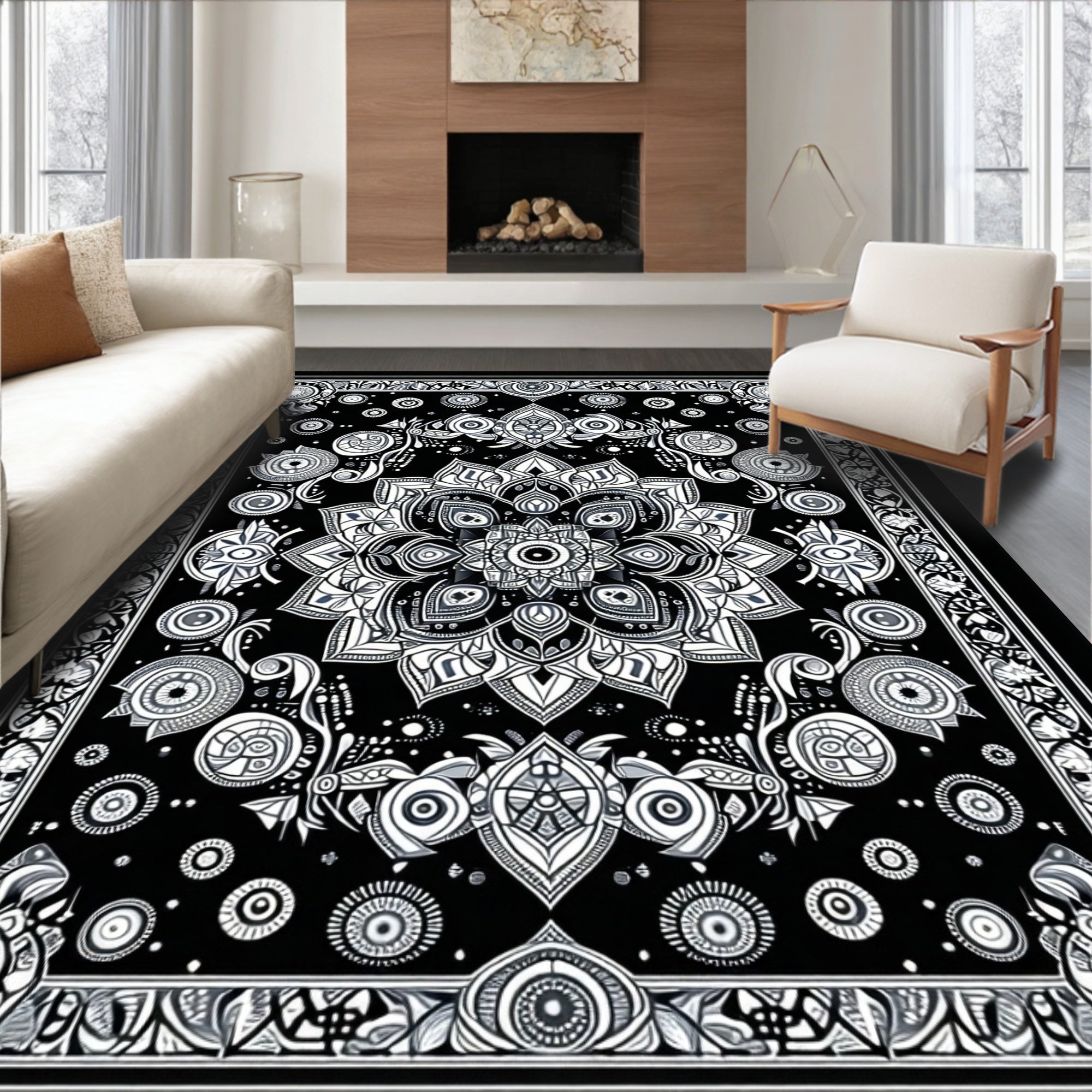 Intricate Black And White Mandala Pattern Rug