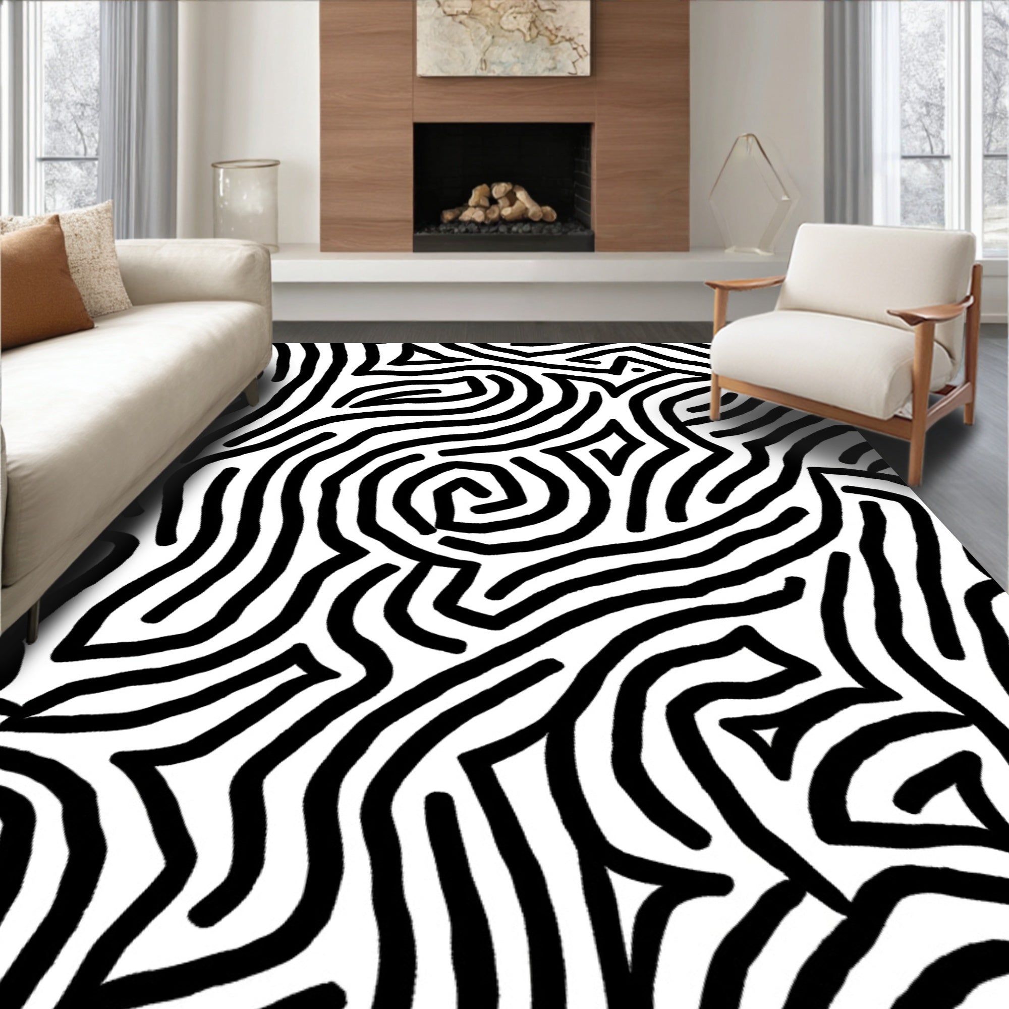 Abstract Black White Wavy Line Pattern Rug