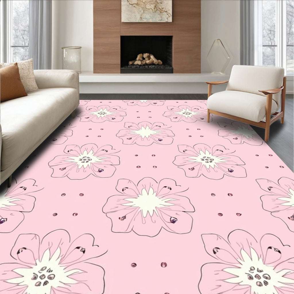 Pale Pink Floral Sketch Pattern Rug