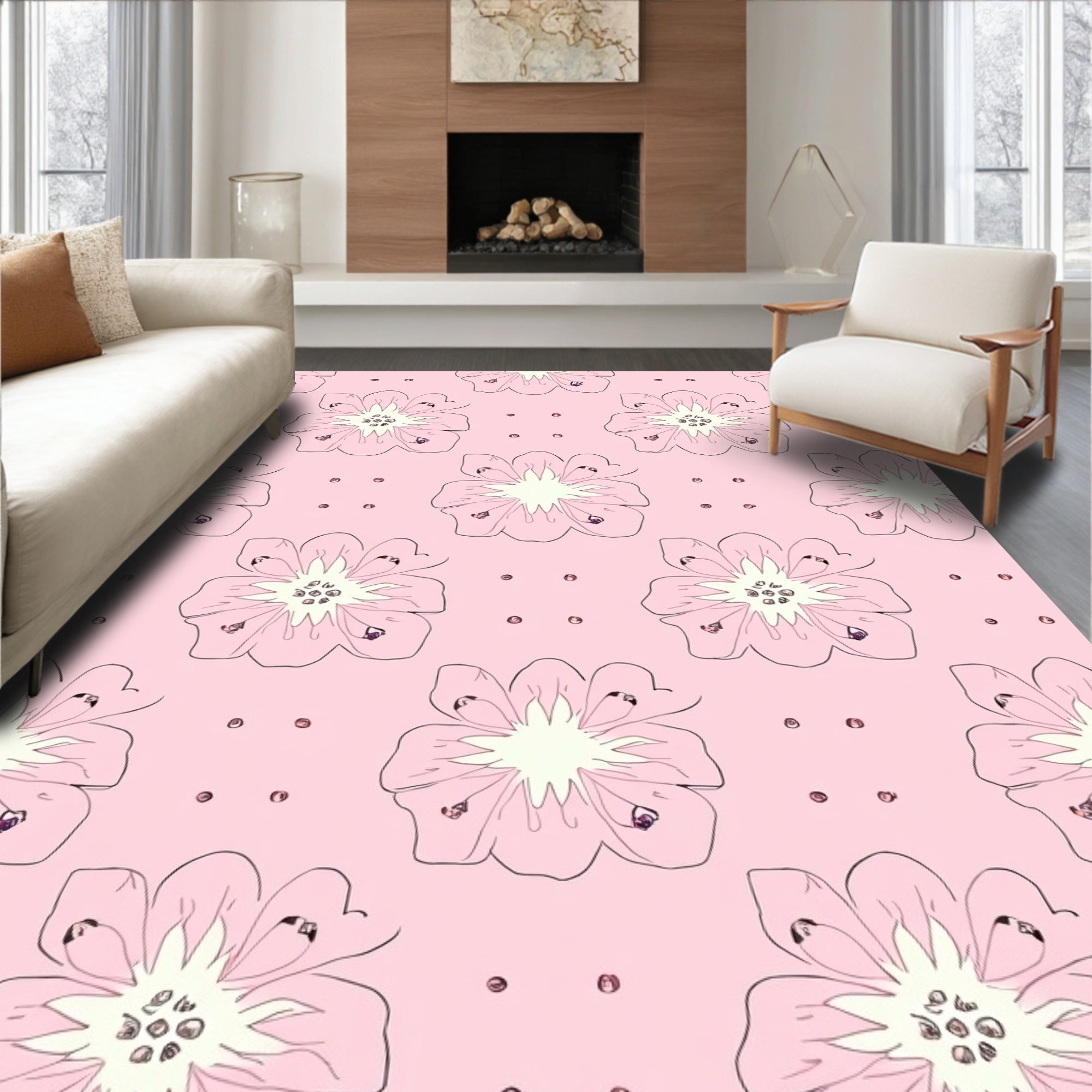 Pale Pink Floral Sketch Pattern Rug