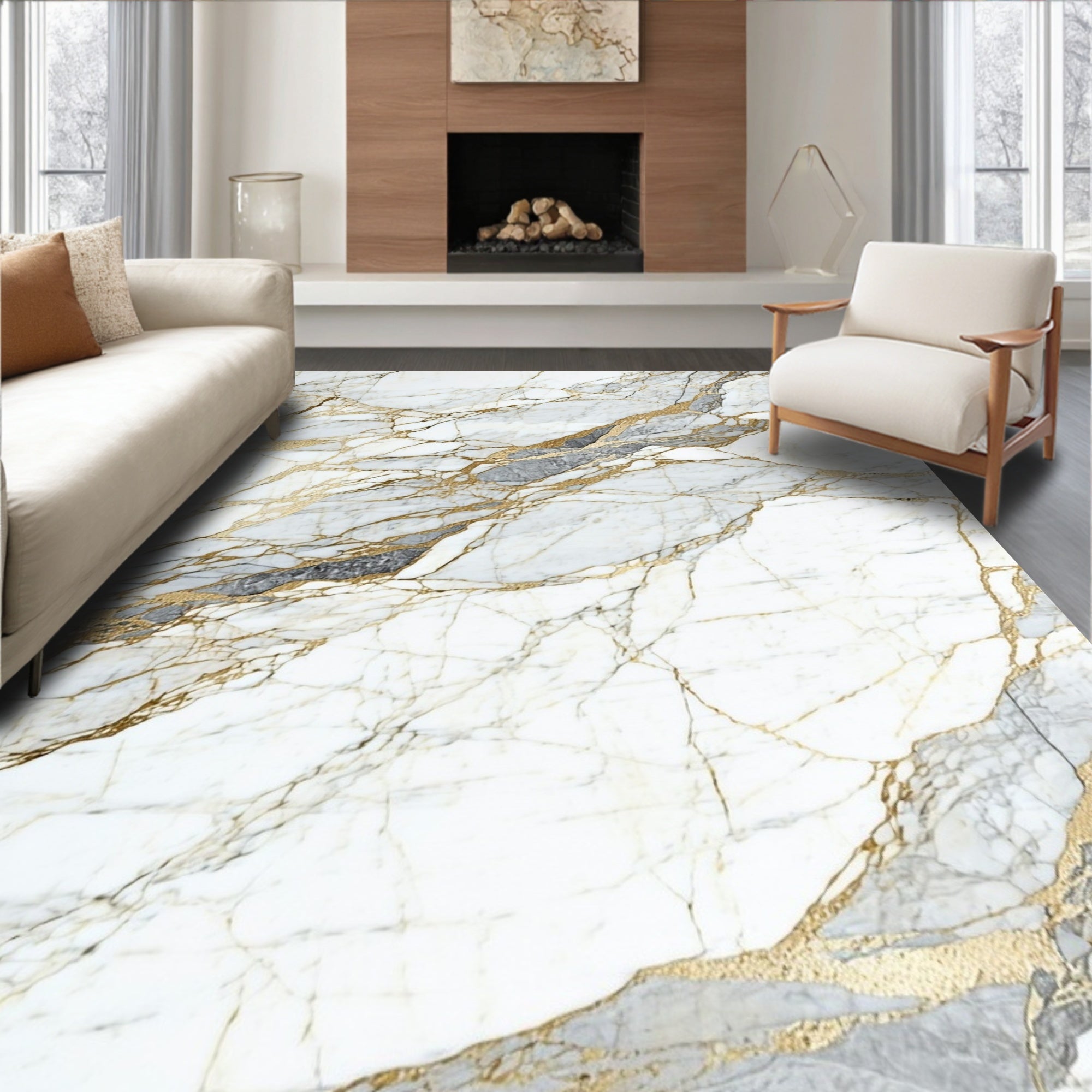 Luxury White Marble Gold Vein Pattern Rug