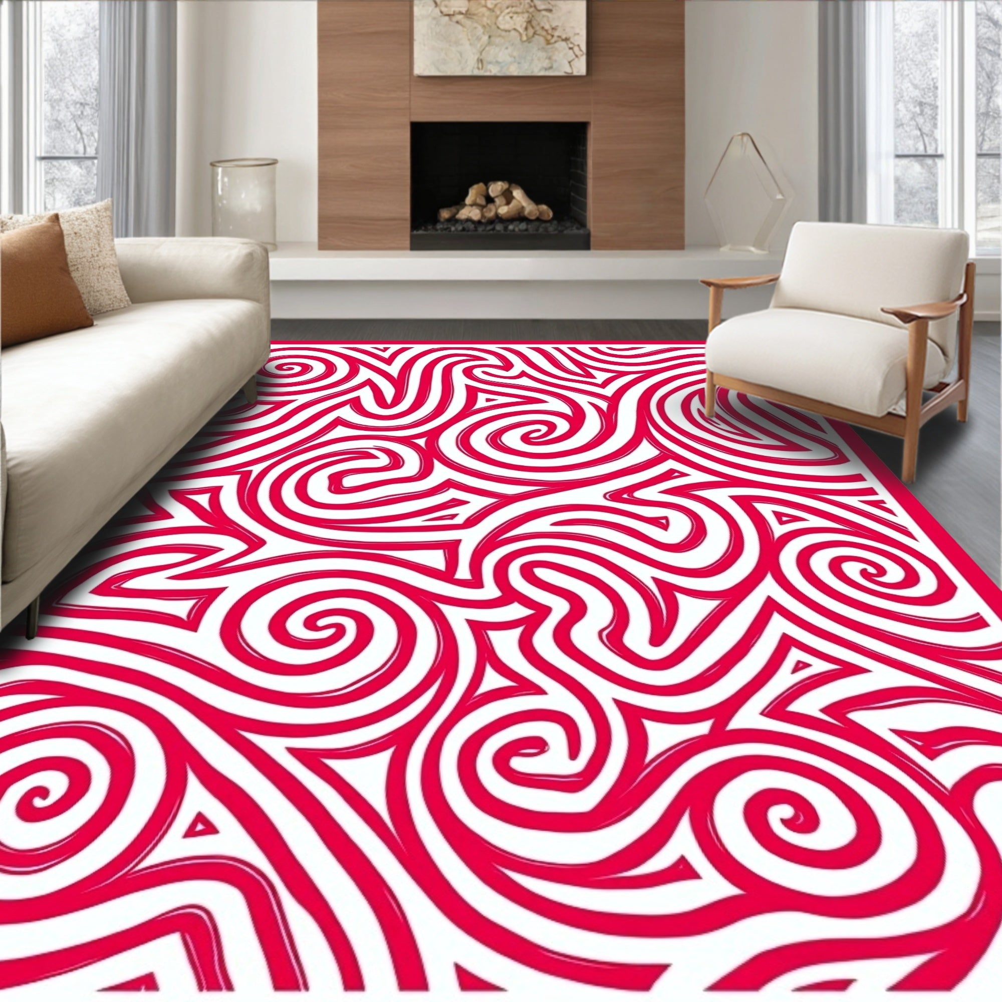 Vibrant Crimson Swirl Abstract Rug