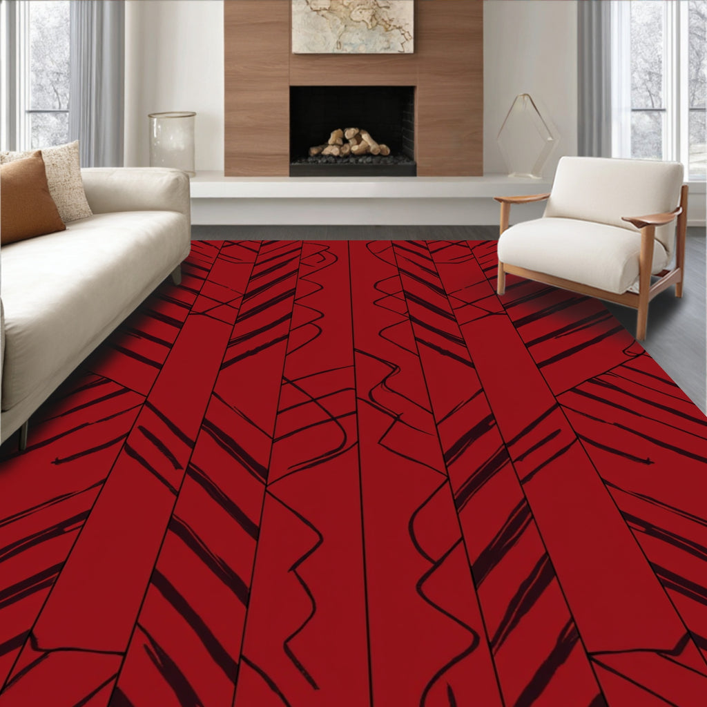 Deep Red Scripted Stripe Pattern Rug