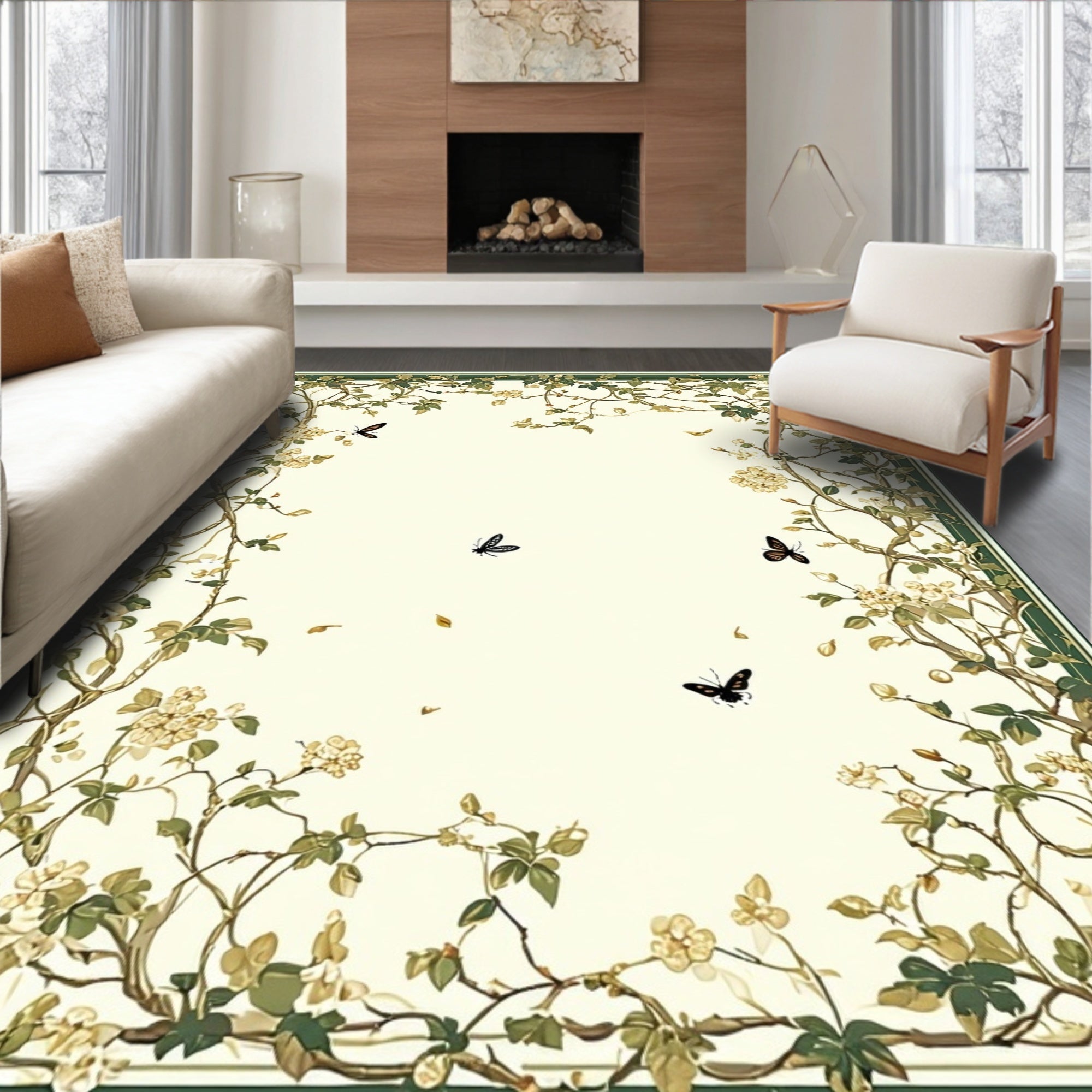 Vines Butterflies Blossoms Pattern Rug