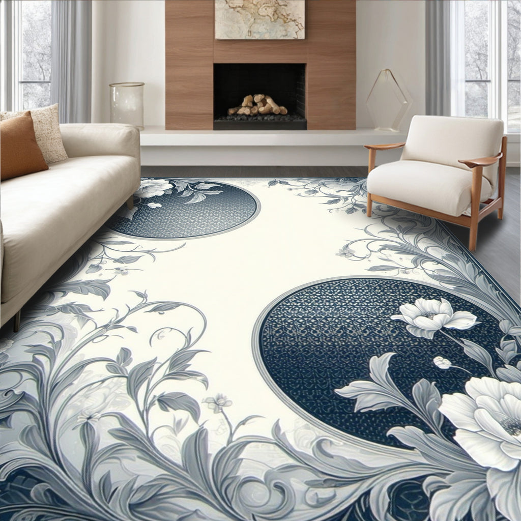 Monochromatic Floral Swirl Scroll Rug