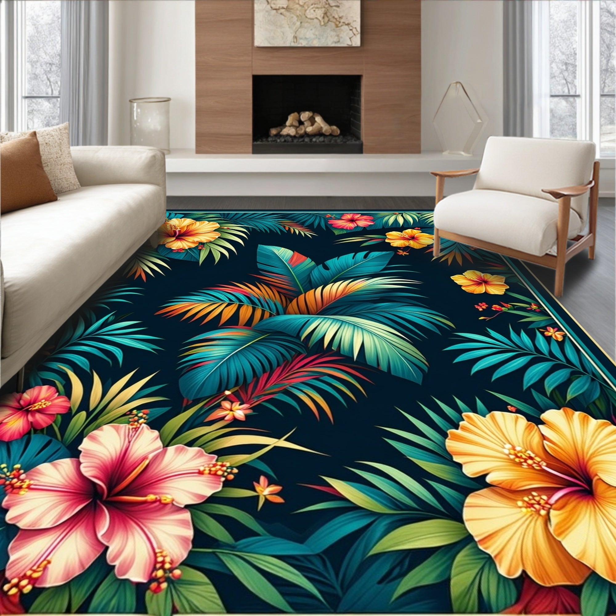 Tropical Floral Jungle Leaf Design Rug
