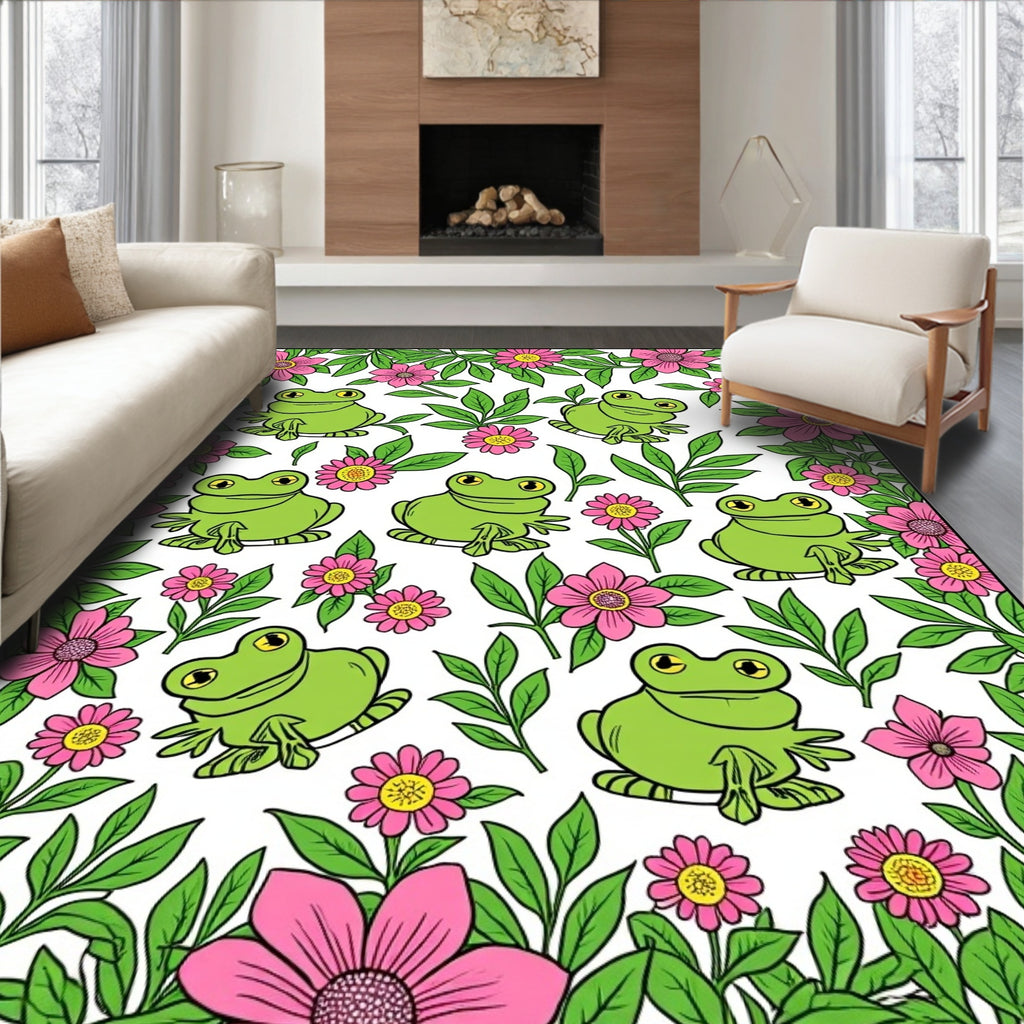 Green Frogs and Pink Flowers Pattern Rug