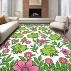Green Frogs and Pink Flowers Pattern Rug