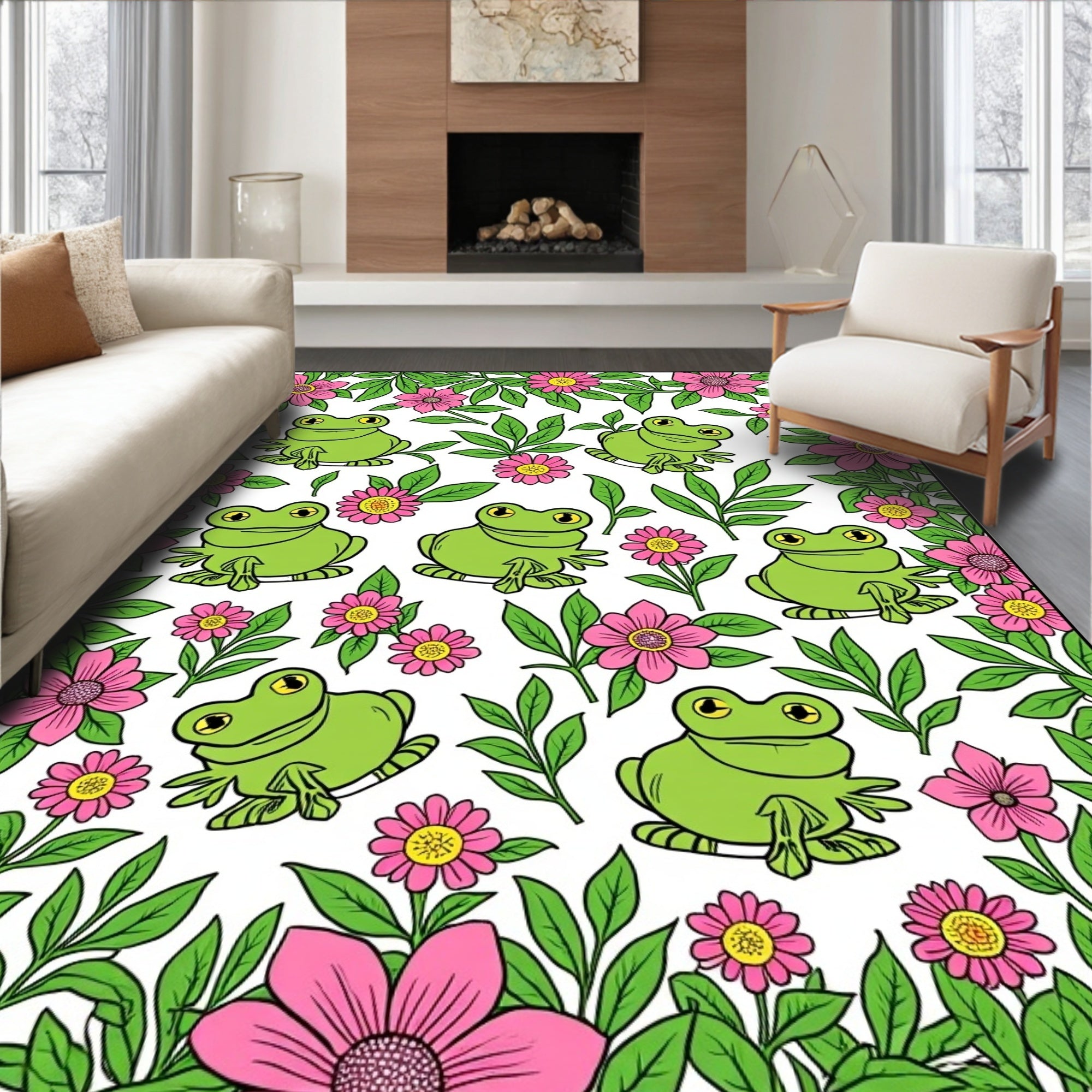 Green Frogs and Pink Flowers Pattern Rug