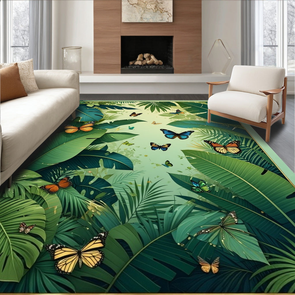Lush Jungle Butterfly Tropical Pattern Rug