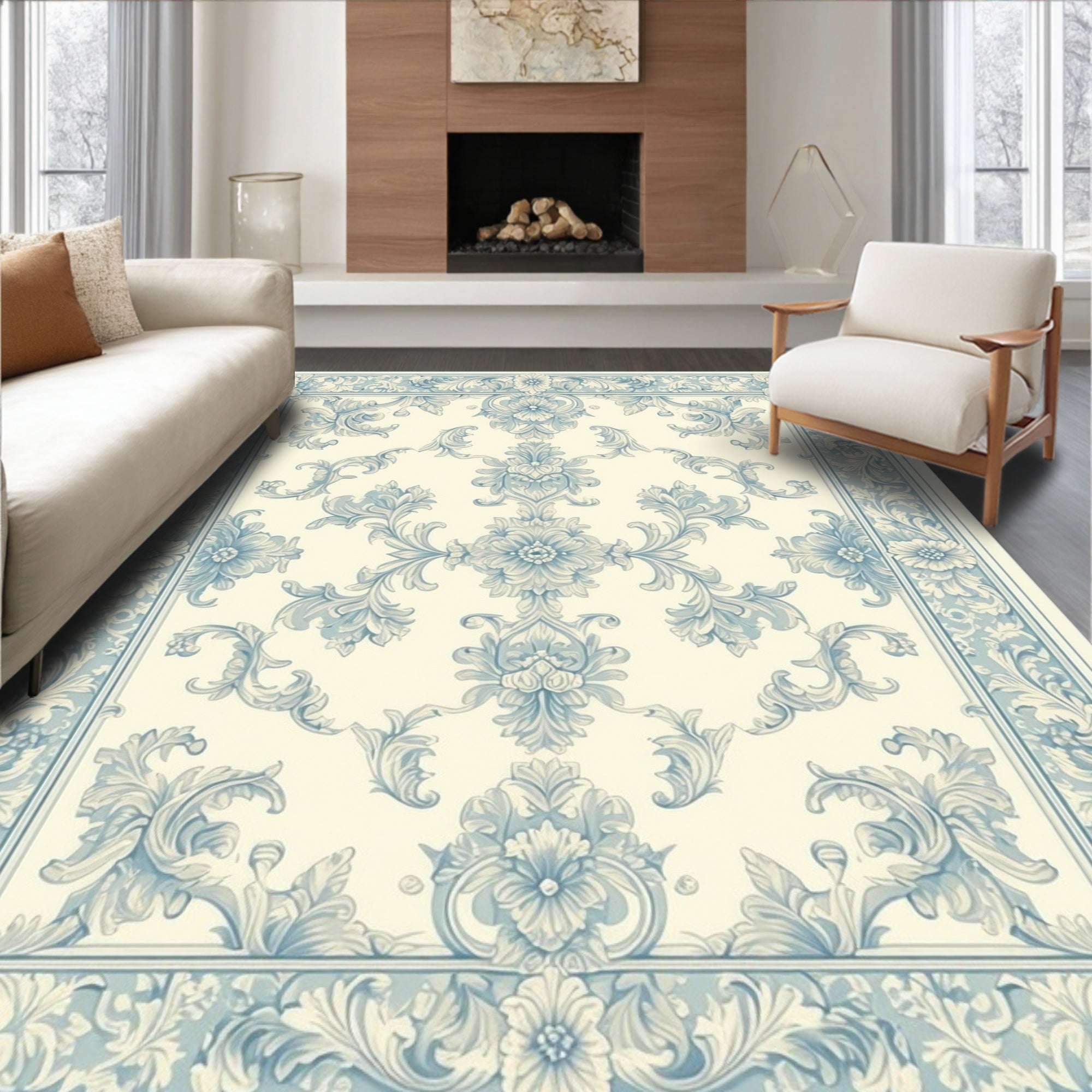 Classic Floral Scrollwork Light Blue Rug