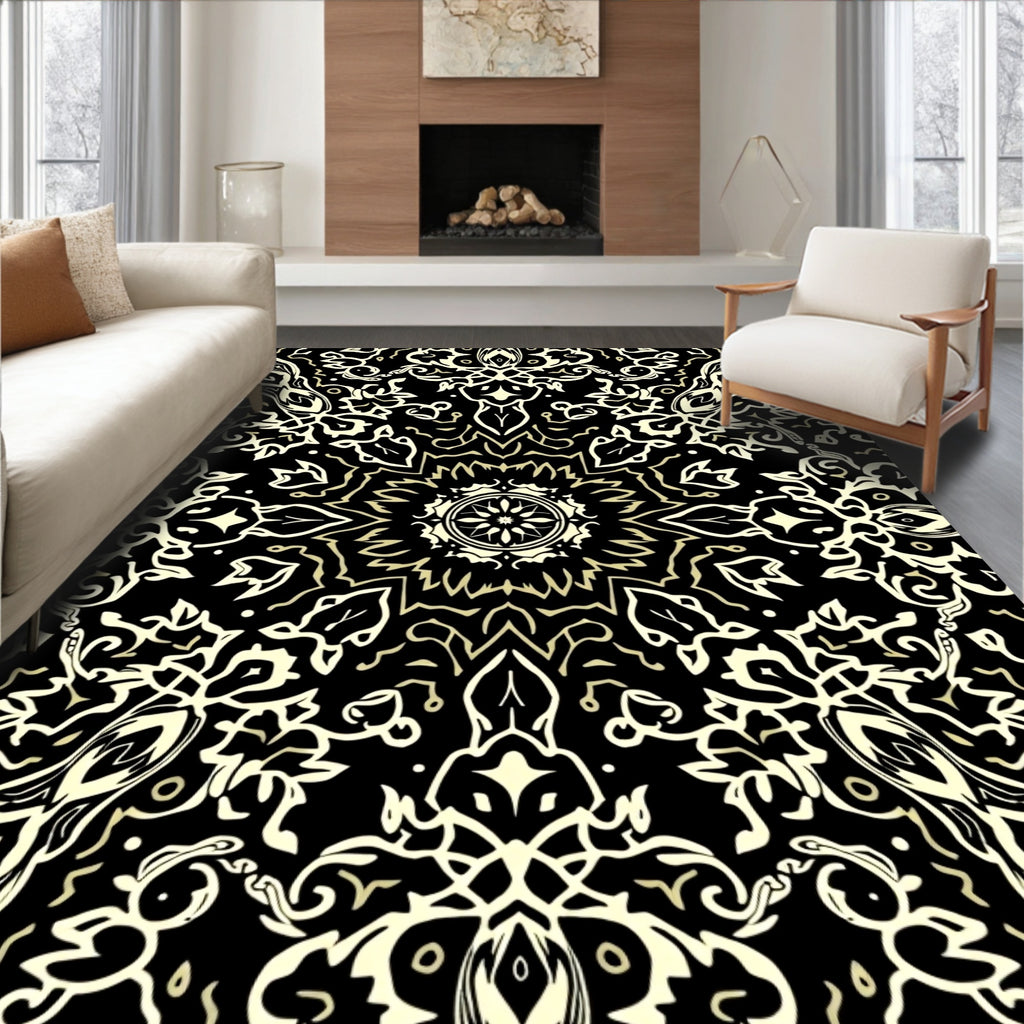Intricate Floral Mandalas Black and Gold Design Rug