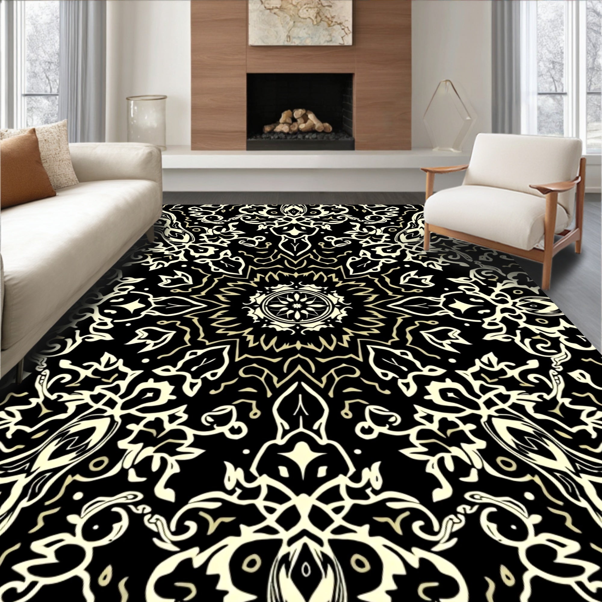 Intricate Floral Mandalas Black and Gold Design Rug