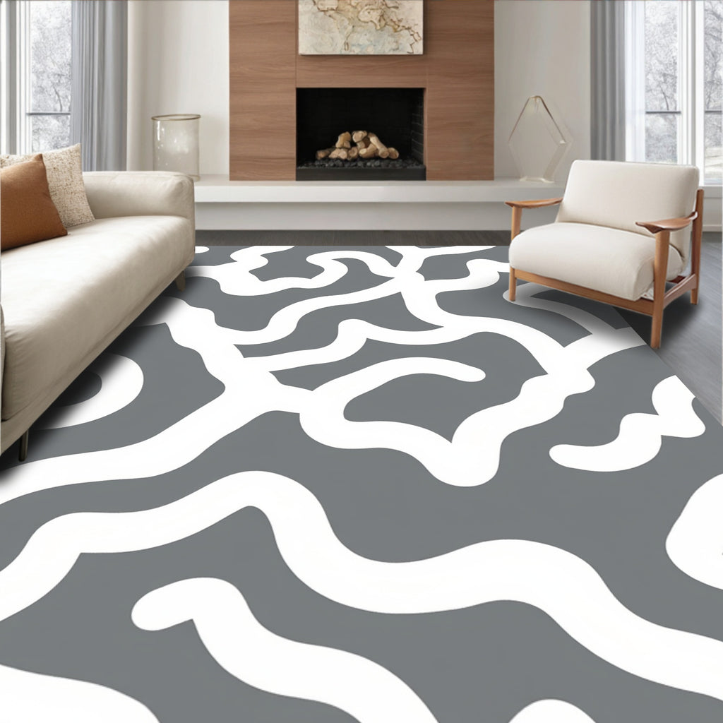 Abstract White Swirls on Gray Background Rug