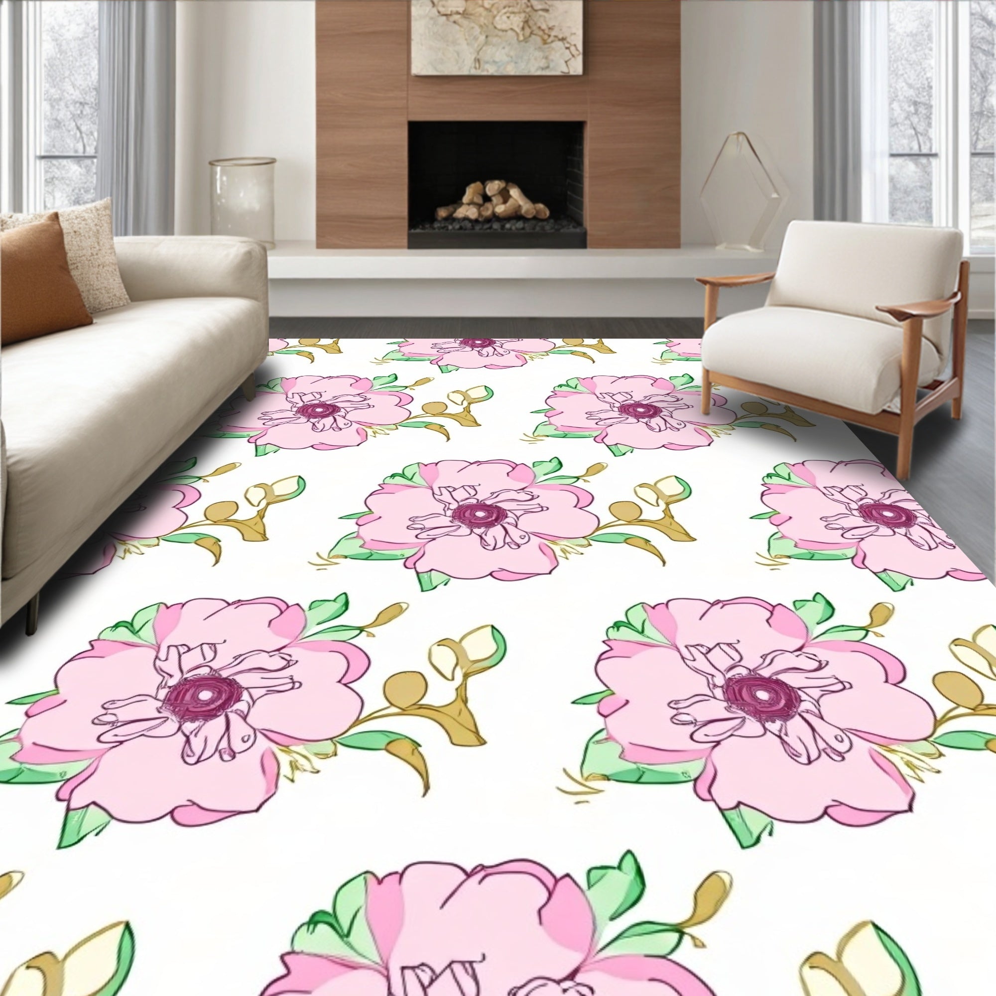 Pink Floral Branch Repeating Pattern Rug
