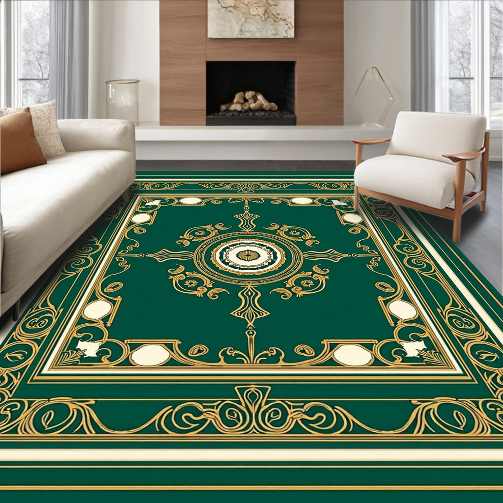 Green Gold Ornate Medallion Pattern Rug