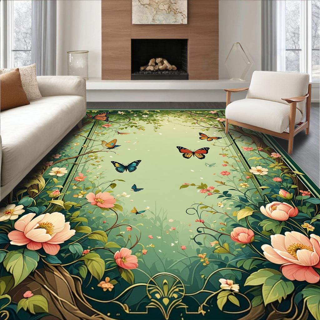 Enchanted Butterfly Garden Scene Rug
