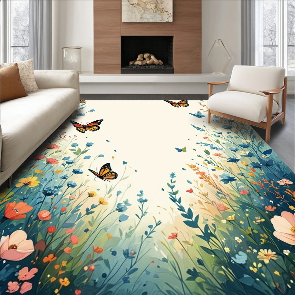 Whimsical Butterflies Wildflowers Meadow Design Rug