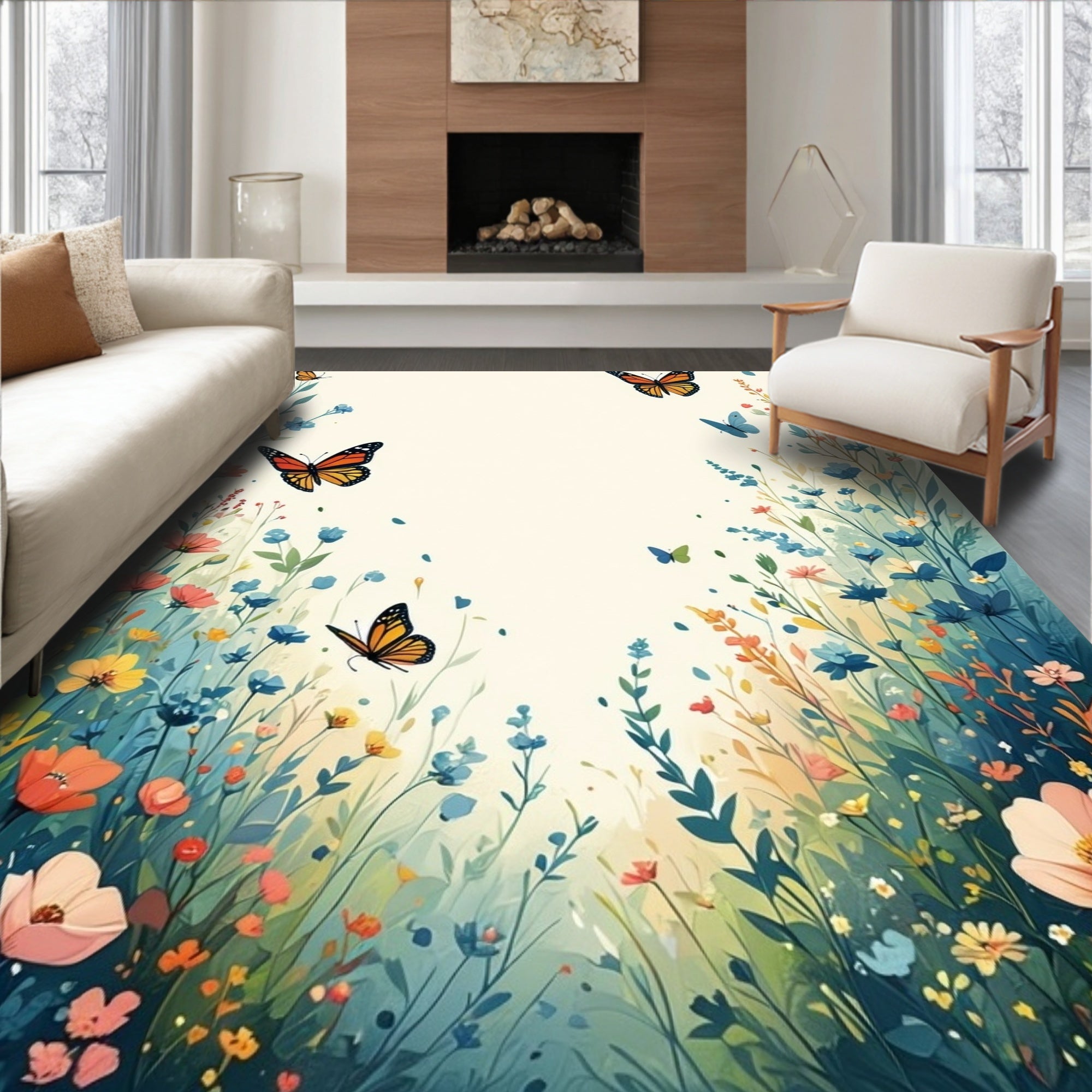 Whimsical Butterflies Wildflowers Meadow Design Rug