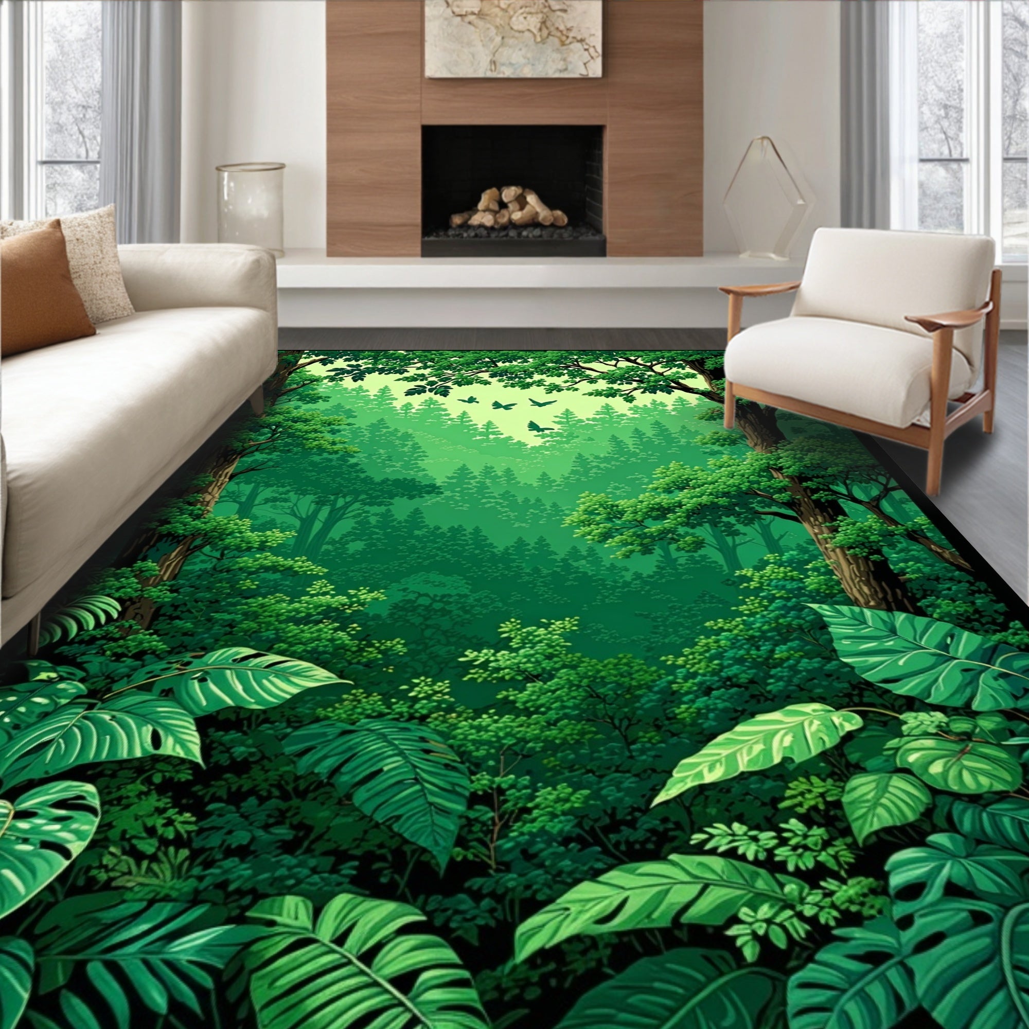 Lush Jungle Foliage Forest Scene Rug