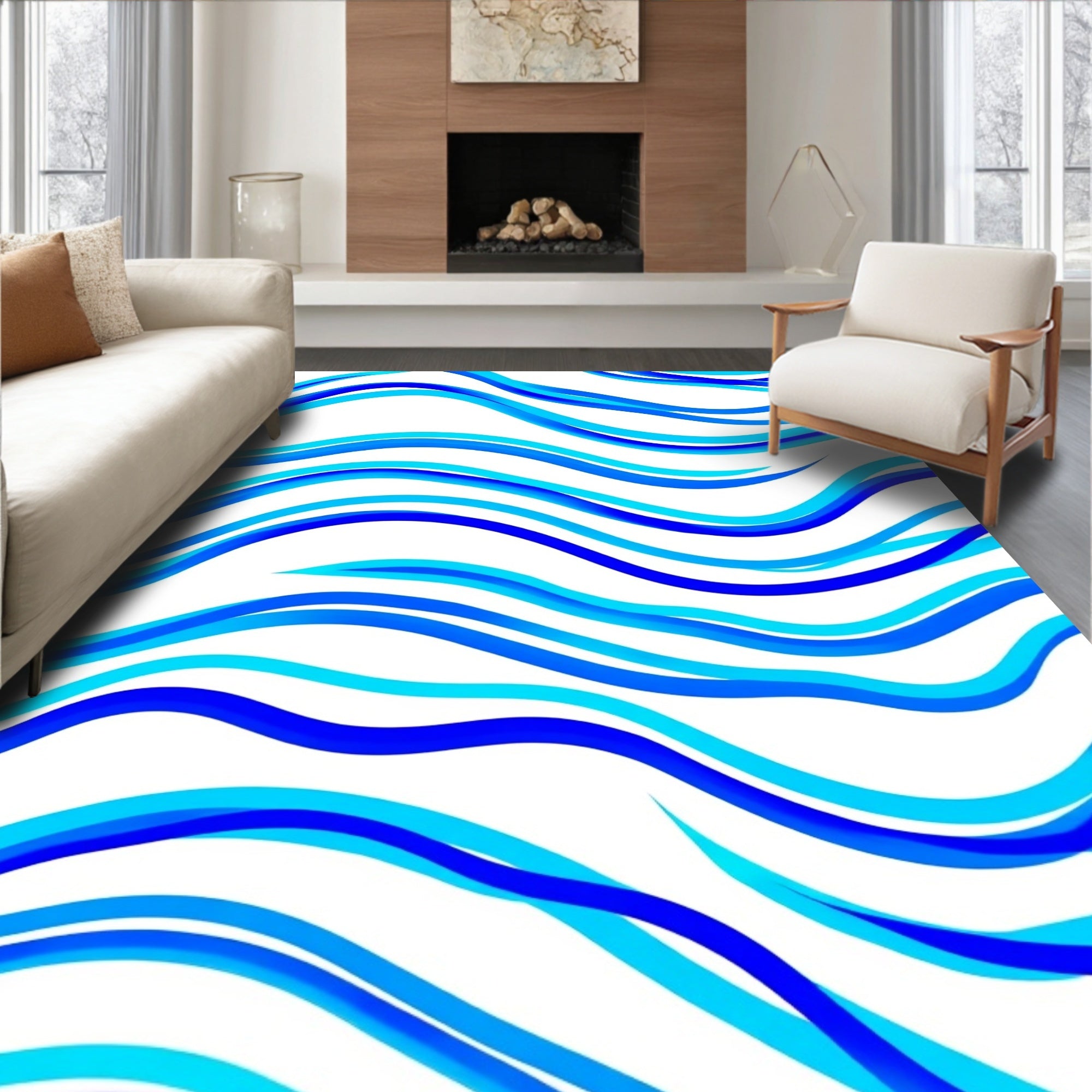 Flowing Blue Waves Design Rug