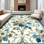 Elegant Floral Blue Cream Scroll Design Rug