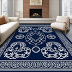 Dark Blue White Ornate Floral Motif Rug