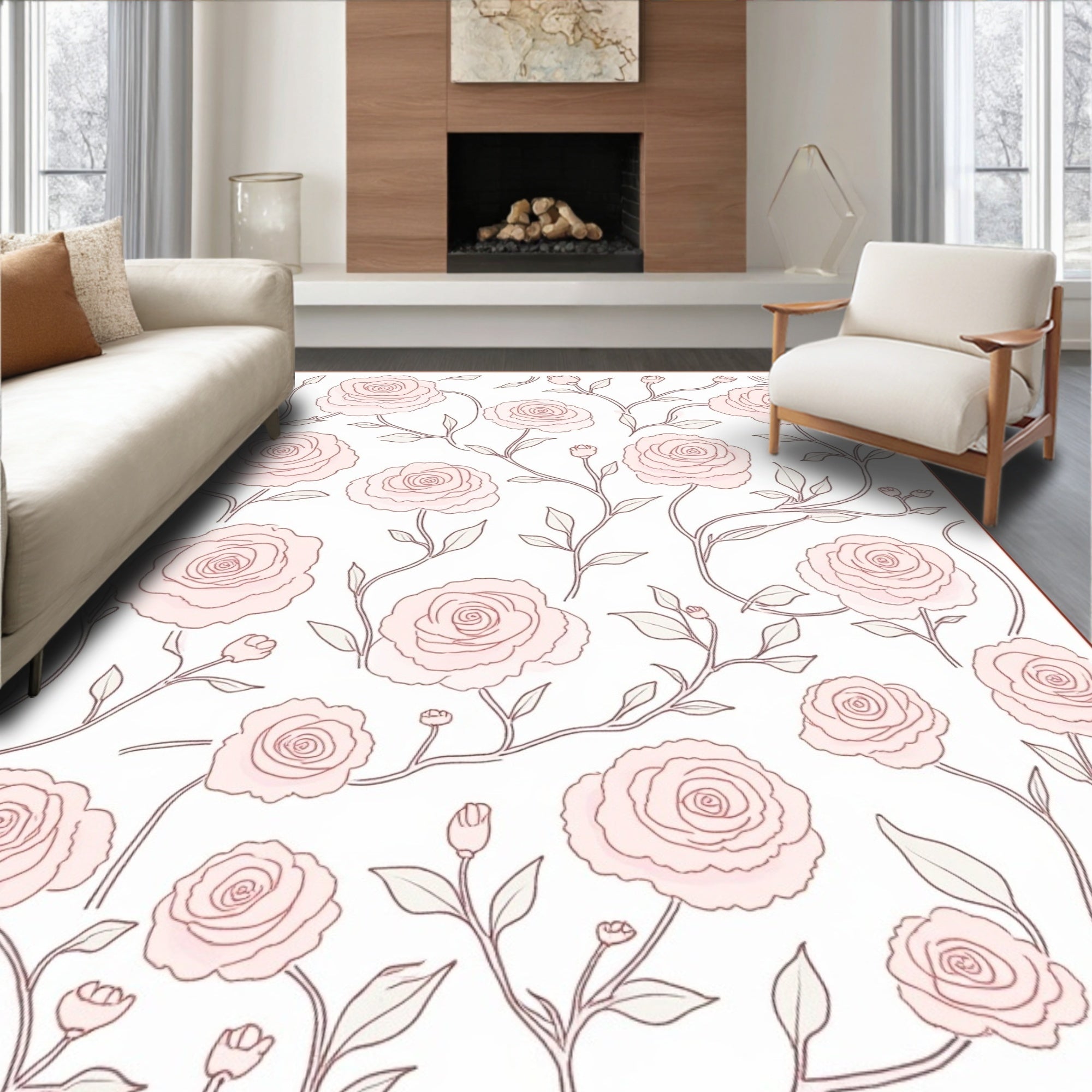 Elegant Pink White Floral Pattern Rug