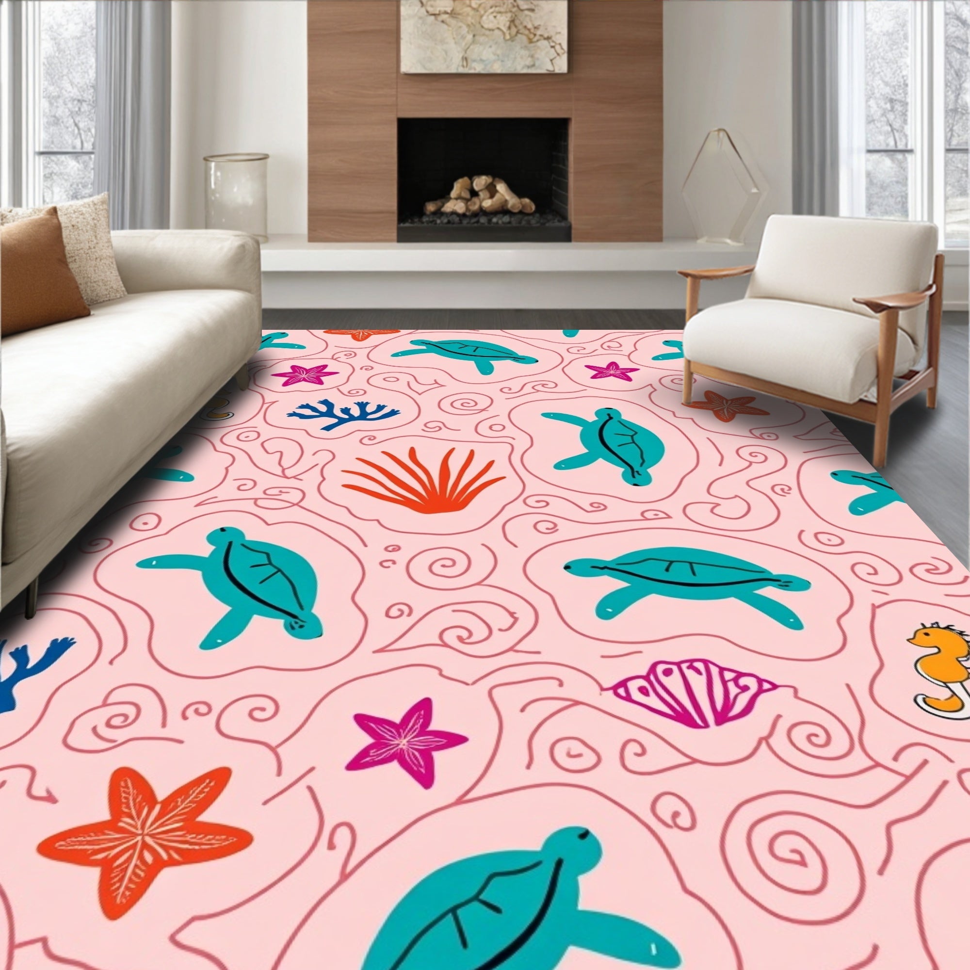 Playful Sea Turtle Seahorse Pattern Rug