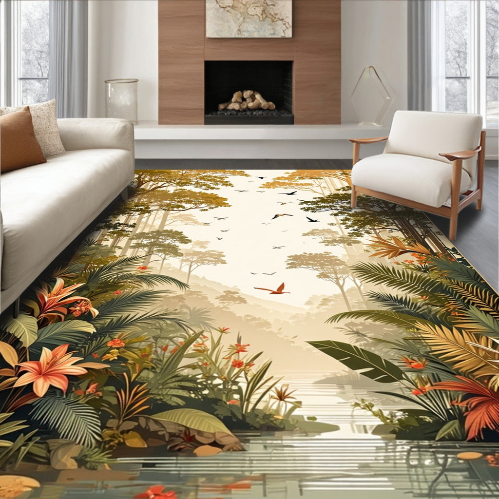 Tropical Jungle Floral Bird Scene Rug