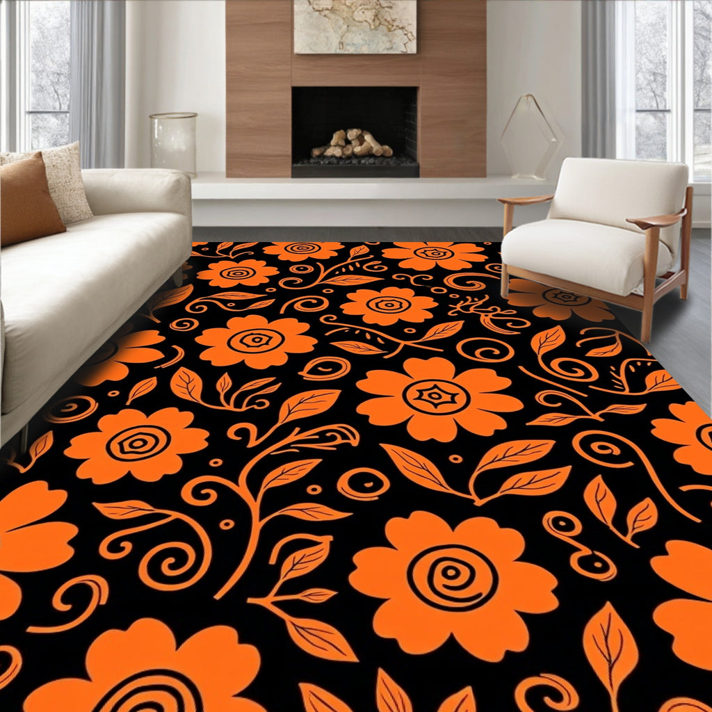 Orange Floral Swirl Silhouette Rug