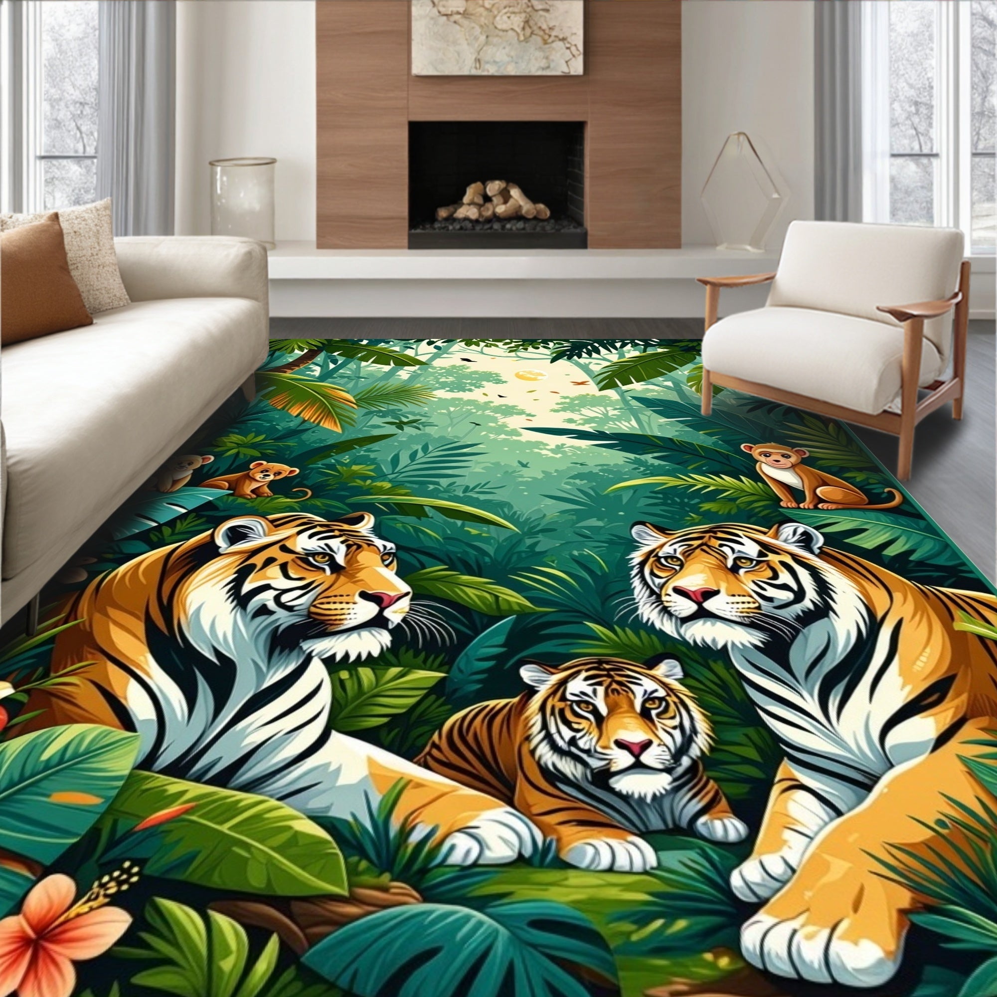 Vibrant Jungle Tiger Scene Rug