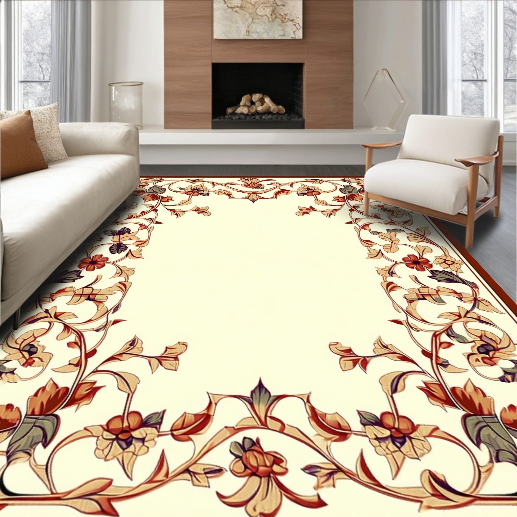 Traditional Ornate Floral Border Design Rug