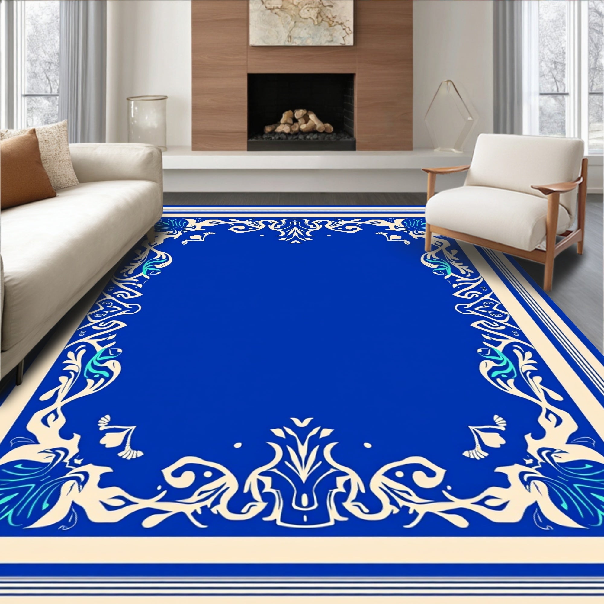 Elegant Blue Floral Scrollwork Pattern Rug