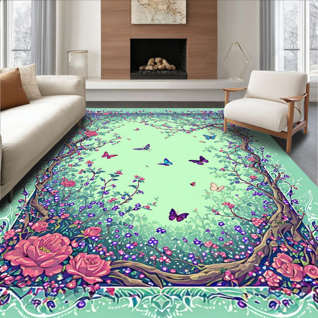 Enchanting Garden Butterfly Floral Pattern Rug